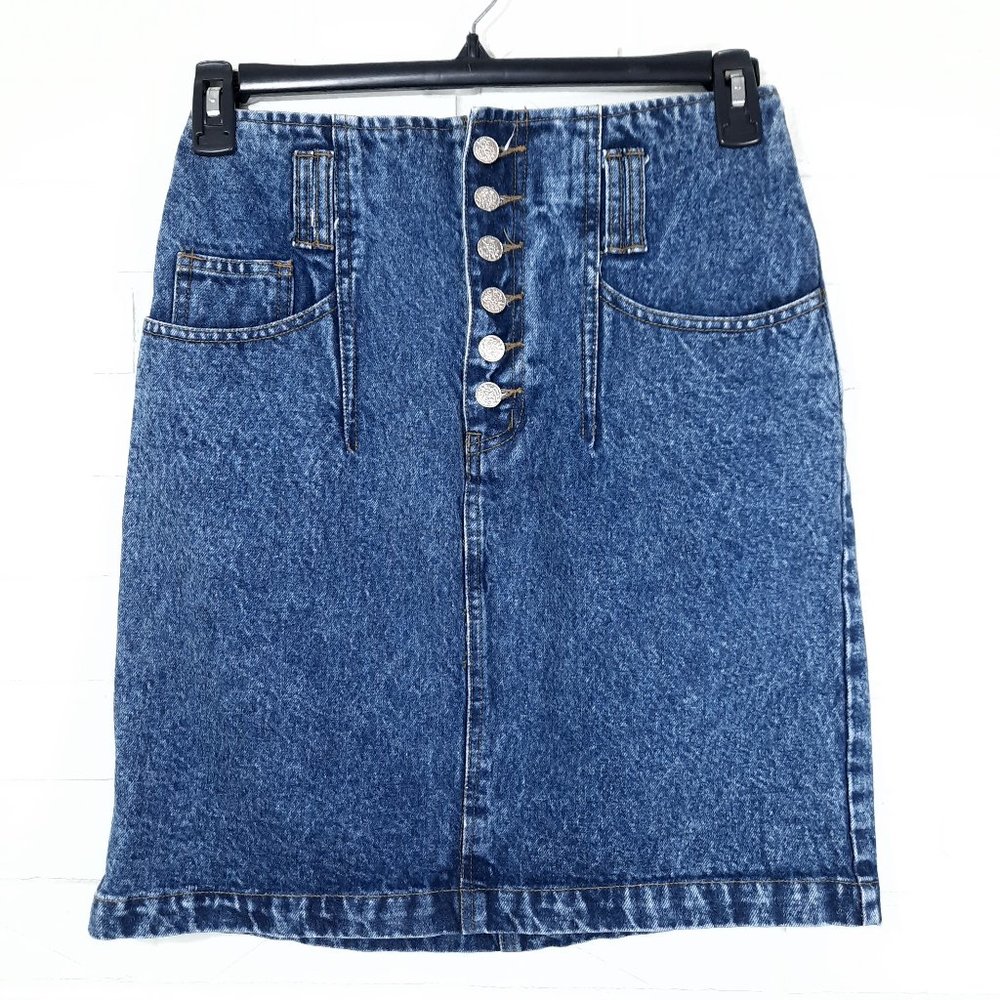 Vintage Nuovo High Waisted Button Fly Medium Wash Denim Mini Skirt Pockets 11
